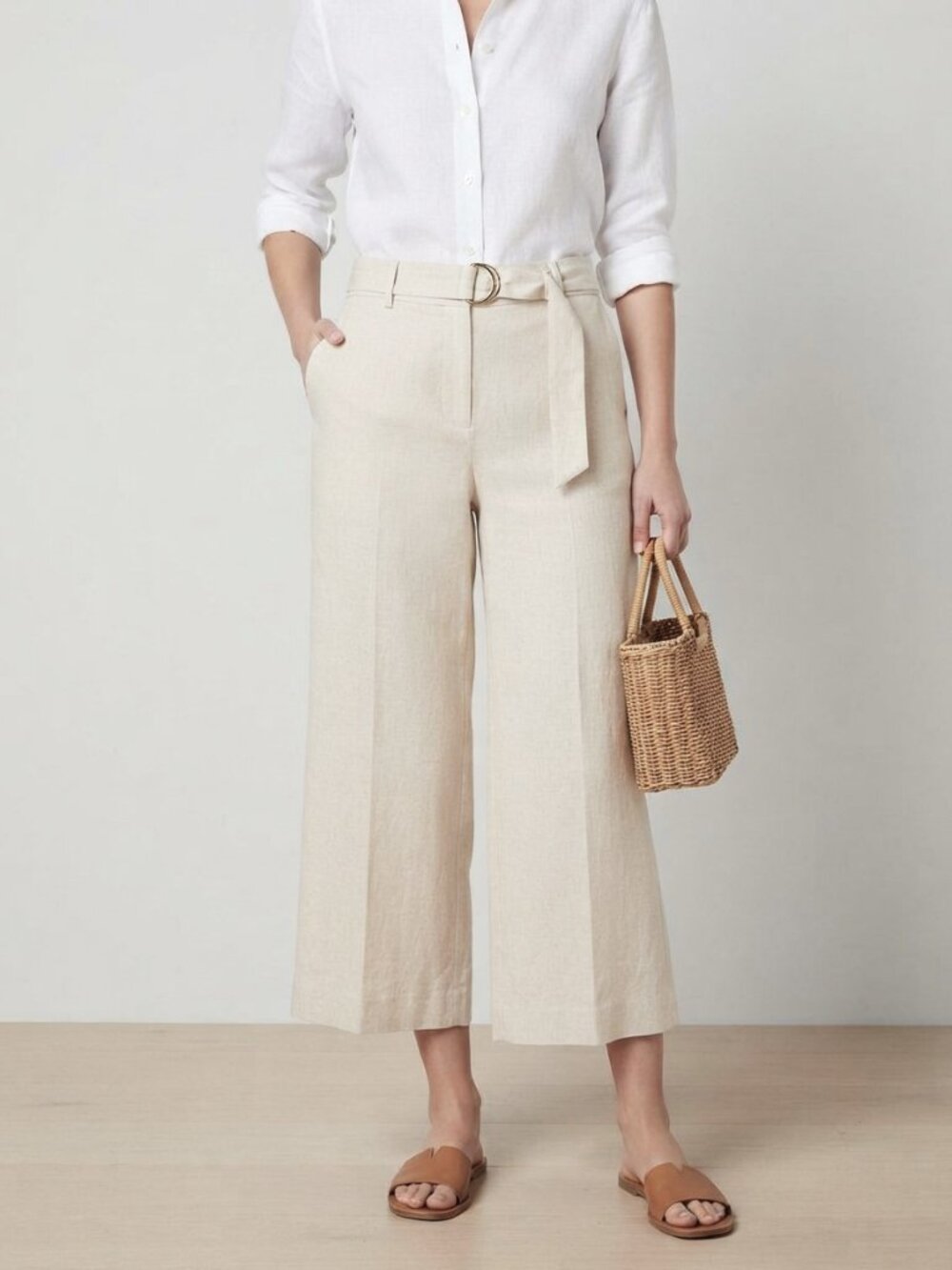 Michael Kors Linen Blend Wide Leg Cropped Pants Cream Size L NWT